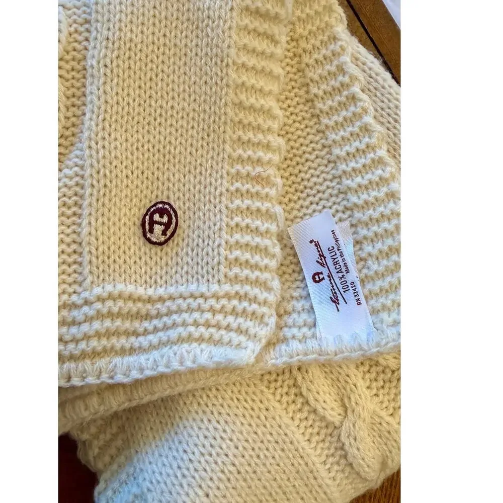 Etienne Aigner Cream Cable Knit Scarf Classic Winter Knit Ribbed Edge Logo
